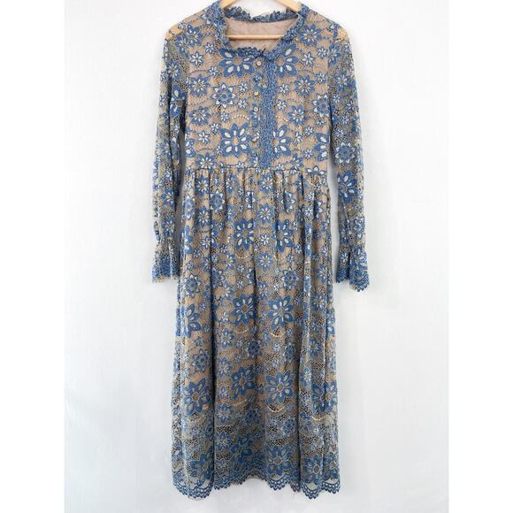 METISU Blue Lace Long Sleeve Midi Dress size Medium Peasant Boho Coquette - Picture 1 of 8